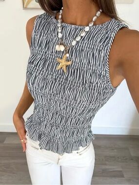 Smocked Sleeveless Black & White Stripe Top